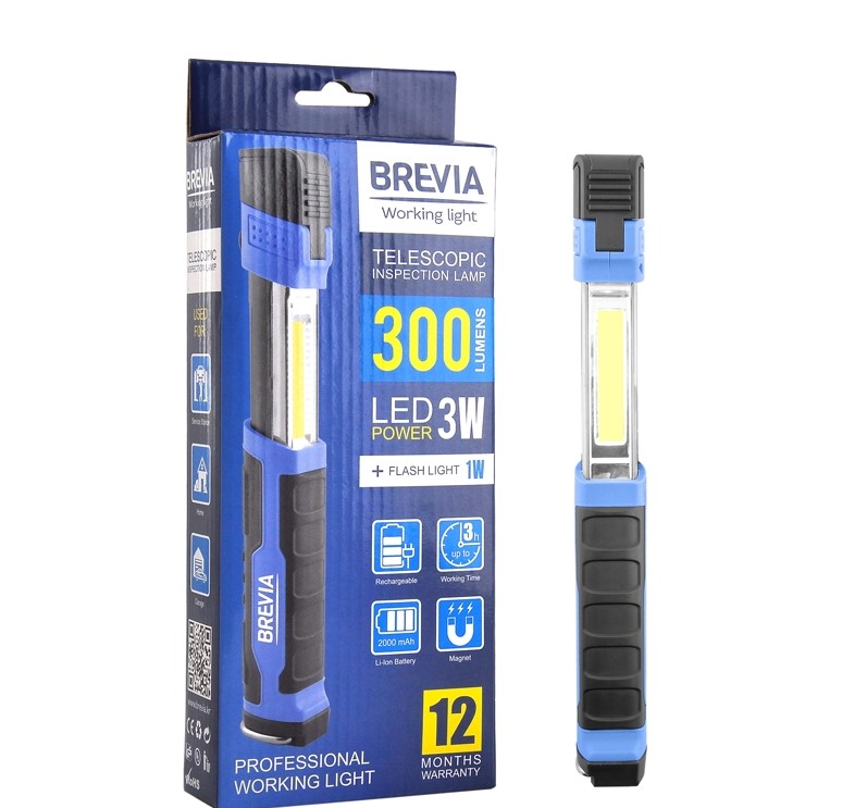Телескопічна  лампа Brevia LED 3W COB + 1W LED 300lm 2000mAh, microUSB
