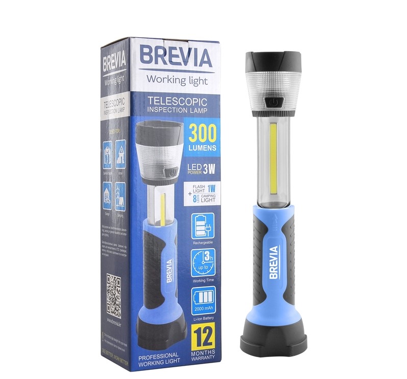 Ліхтар телескопічний Brevia LED 3W COB + 1W LED + 8LED кеппінг 300lm 2000mAh