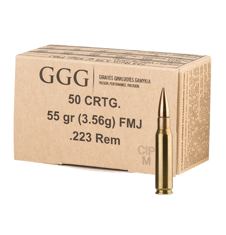 Патрон GGG кал .223 Rem куля FMJ маса 3,56 грами/ 55 гран. Поч. швидкість 1015 м/c