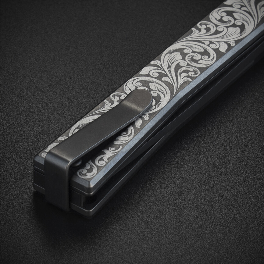 Ніж Ocaso "Solstice", Engraved titanium Scroll Pattern, Black. Фото 3
