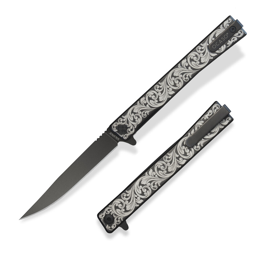 Ніж Ocaso "Solstice", Engraved titanium Scroll Pattern, Black