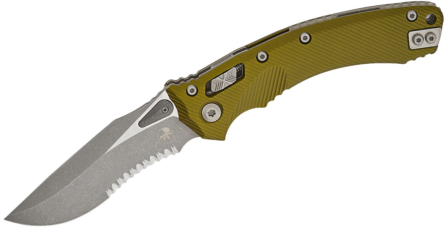 Ніж Microtech Amphibian Ram-Lok, клинок напівсер. Apoc Fluted,  руків'я G10 OD Green