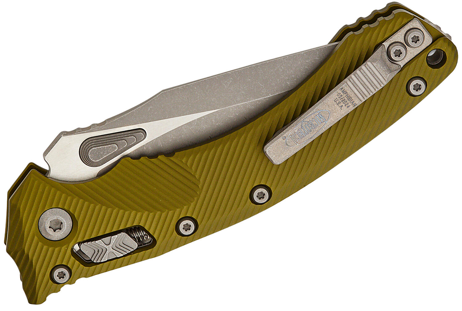 Ніж Microtech Amphibian Ram-Lok, клинок напівсер. Apoc Fluted,  руків'я G10 OD Green. Фото 4