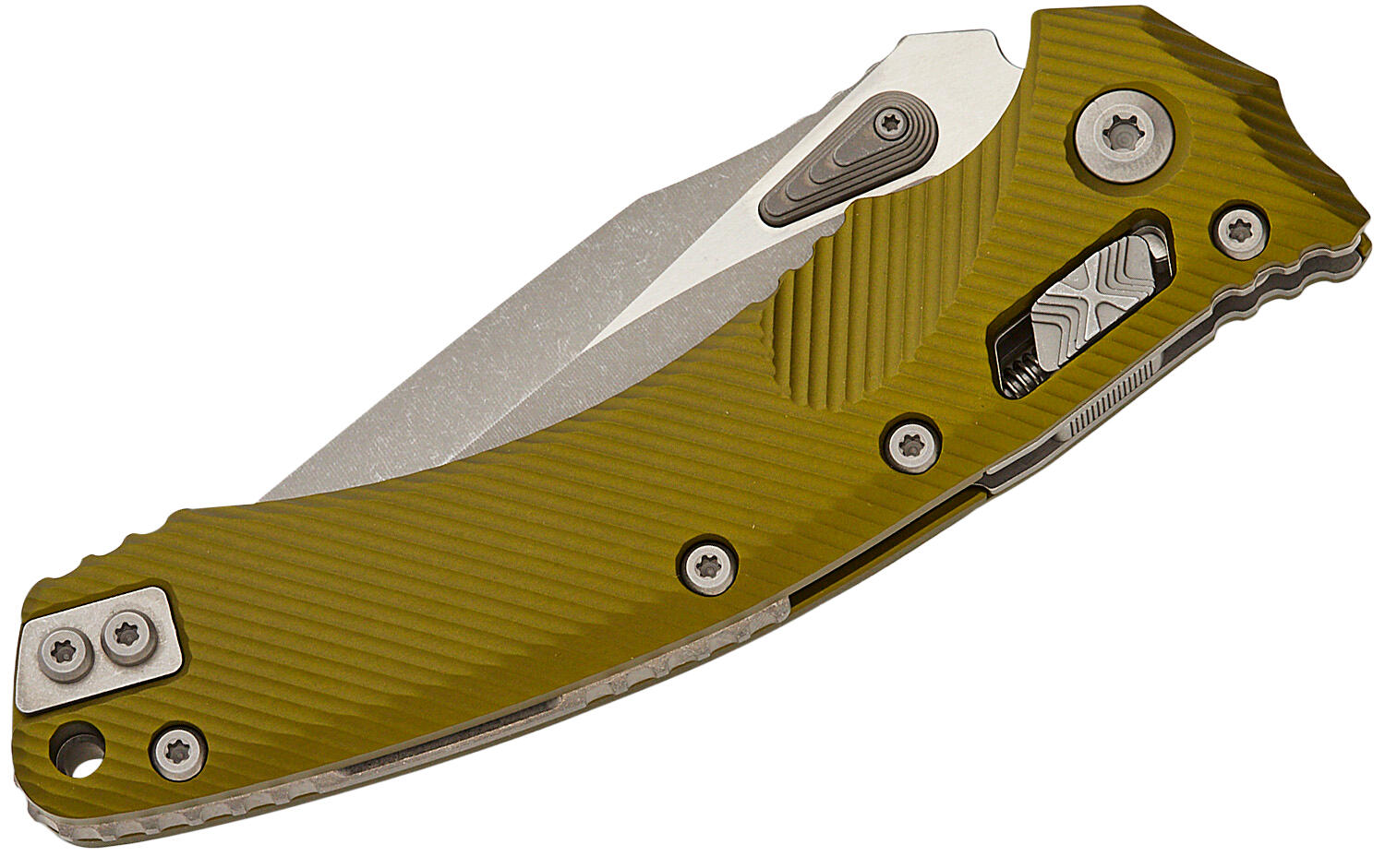 Ніж Microtech Amphibian Ram-Lok, клинок напівсер. Apoc Fluted,  руків'я G10 OD Green. Фото 3
