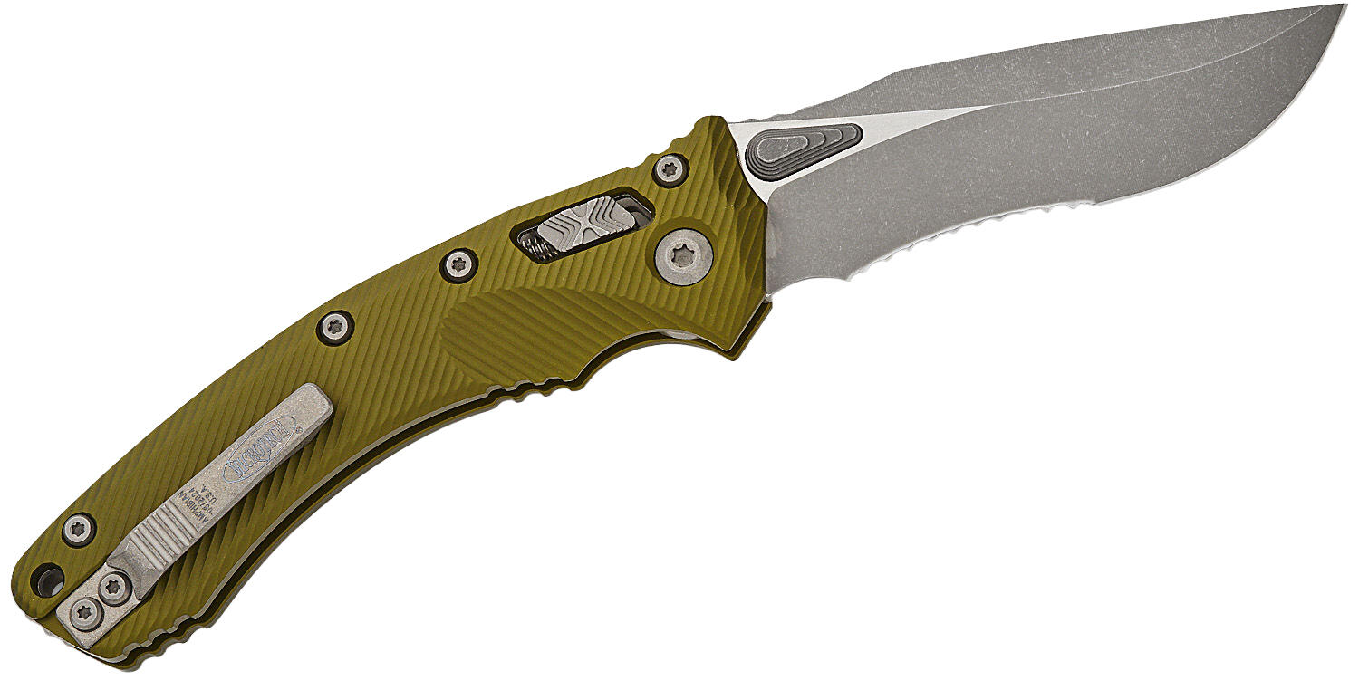Ніж Microtech Amphibian Ram-Lok, клинок напівсер. Apoc Fluted,  руків'я G10 OD Green. Фото 2